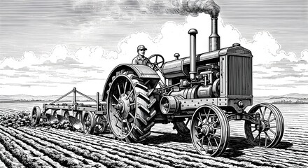 Vintage Tractor Illustration – Black & White Classic Farm Machinery Tilling the Land