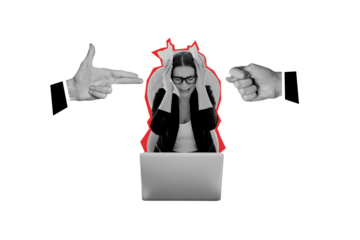 Collage picture young businesswoman agent employee secretary mental pressure bullying discrimination bossy hands fit rude communication