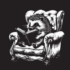 A cute cartoon hedgehog sits in chair and reads. Black and white illustration on black background. Side view