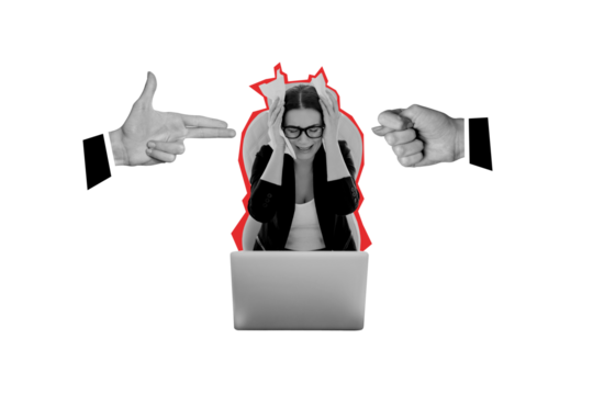 Collage picture young businesswoman agent employee secretary mental pressure bullying discrimination bossy hands fit rude communication