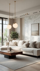 Stylish minimalistic interior of white beige brown interior room with design neutral modular sofa, coffee tables, decoration in white beige colors and elegant personal accessories in modern home decor