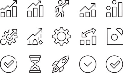 Fototapeta premium Business and Financial Success Vector Icons Set Growth Progress and Development Line Art Symbols for Presentation and Infographics
