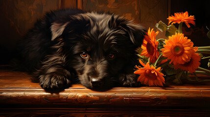 Black puppy resting on wooden surface with bright orange flowers nearby during soft afternoon light