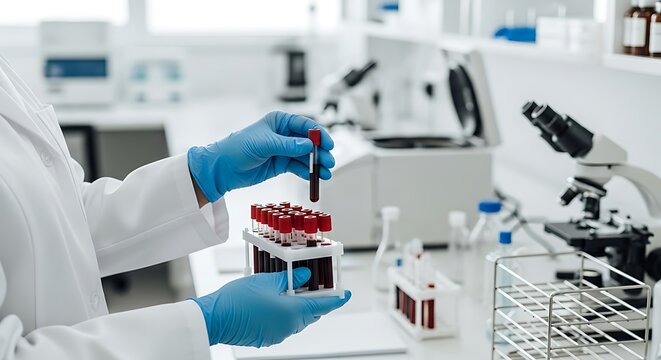 Researcher's hands in protective gloves holding a test tube with a blood sample for scientific analysis in a modern clinical laboratory