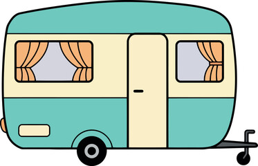 Retro caravan illustration turquoise peach summer holiday travel adventure vector