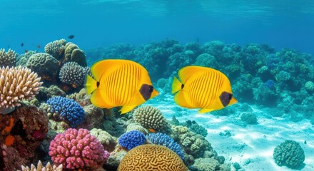 Naklejka premium Two vibrant yellow butterflyfish swim gracefully over a colorful coral reef in the clear blue ocean.
