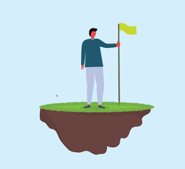 Man Achieving Goal on Floating Island with Flag