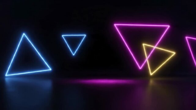 Backgrounds seamless loop abstract background with colorful neon triangles scene 3 distortion, overlay, glitch, static noise, scan lines on black background, 4k animated video