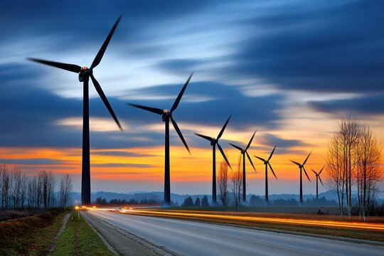 Wind farm at vibrant sunset, featuring car light trails on a winding road.
