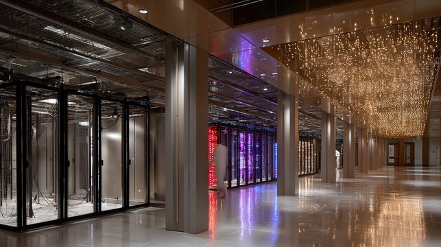 Modern data center interior with illuminated server racks and reflective polished flooring