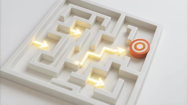 Glowing arrow maze white target token solution path minimal design glowing arrows maze target solution pathway strategy success navigation concept white maze with illuminated arrows leading to red