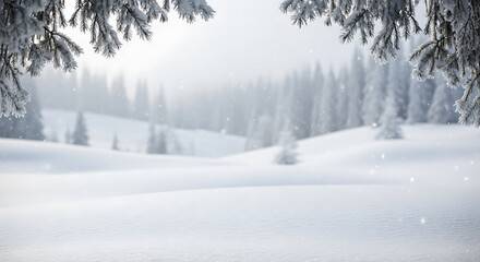 Snow covered evergreen forest landscape with soft light and branches in foreground