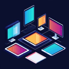 Collection of digital screens and monitors in various sizes and styles in isometric perspective.