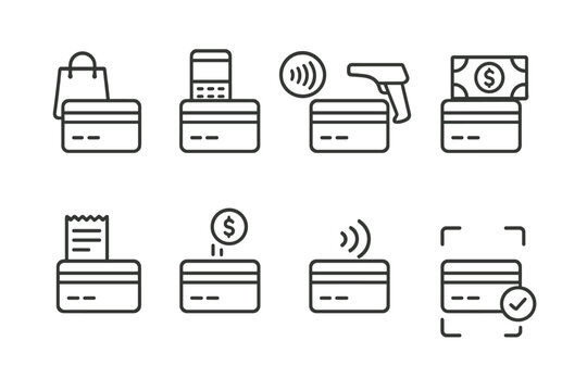 Set of black line icons depicting various credit and debit card transaction methods