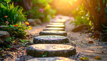 A sunlit garden path leads the viewer's eye through lush greenery, with stepping stones guiding the way toward a soft glow