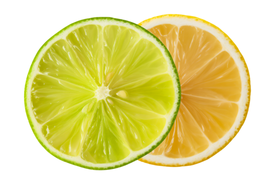 Green lime and yellow lemon slices together. Citrus combination showing color contrast.