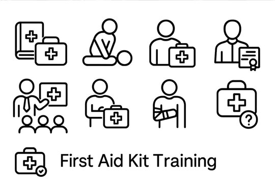 Set of black and white line icons for first aid kit training