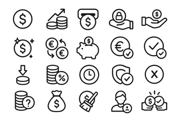 Collection of 20 finance line icons with dollar, Euro symbols, and financial concepts