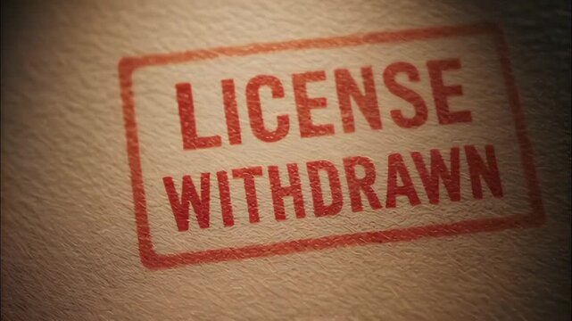 License withdrawn red stamp on textured paper conveying official revoked notice and permit closeup impression and grain with dramatic lighting and shadowed vignette for cancellation documentation