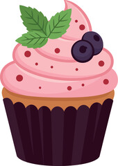 Sweet pink frosted cupcake with blueberries and mint vector