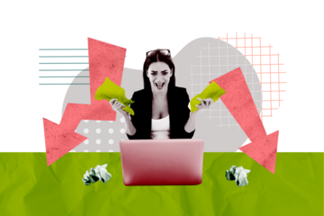 Composite photo collage of angry businesswoman scream macbook device deadline problem arrow down recession isolated on painted background