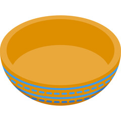 Orange bowl with blue striped rim isometric view on white background with no shadows