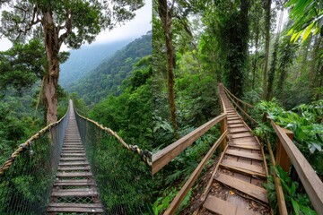Fototapeta premium Two contrasting pathways to adventure: A suspension bridge over lush forest and wooden steps through dense jungle showcase nature's diverse beauty, ideal for exploring outdoors.