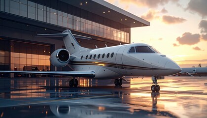 A sleek private jet parked at an airport terminal, glistening in the sunset, showcasing luxury and modern aviation design.