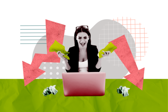 Composite photo collage of angry businesswoman scream macbook device deadline problem arrow down recession isolated on painted background