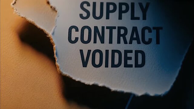 Supply contract voided notice on torn paper with dramatic lighting and shadow conveying legal dispute cancellation and business consequence document