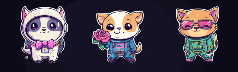 Fototapeta premium The style is a fusion of Y2k animals and robots with a futuristic retro cartoon aesthetic, featuring animal head mascots in a futuristic setting and cute cyber characters from the 90s in helmets