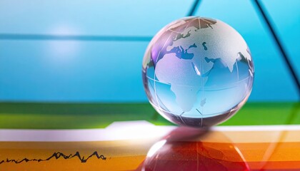 A glass globe displaying continents sits on a vibrant surface, symbolizing global connectivity and data analysis.