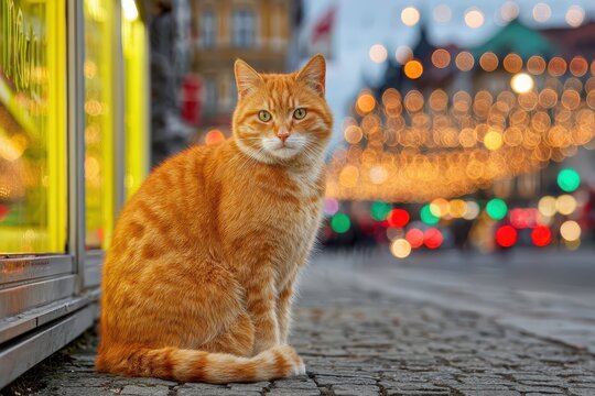 An adorable ginger cat sits on a cobblestone street illuminated by city lights, creating a warm and inviting atmosphere for a lovely evening stroll downtown. - Powered by Adobe