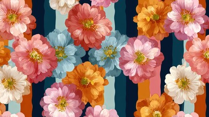 Vibrant floral pattern illustration with colorful flowers on striped background design