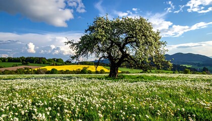 A sunlit field of white wildflowers with a flowering tree, framed by a blue sky and distant rolling hills