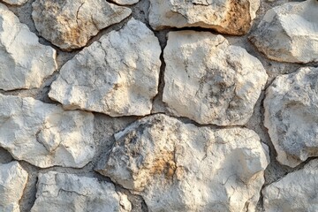Fototapeta premium Close-up view of a textured stone wall, showcasing irregular, light gray and beige stones fitted together with mortar.