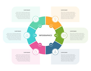 A vector-based, colorful infographic template featuring a 6-step rounded timeline interconnected by circular elements. This design includes versatile options and marketing icons