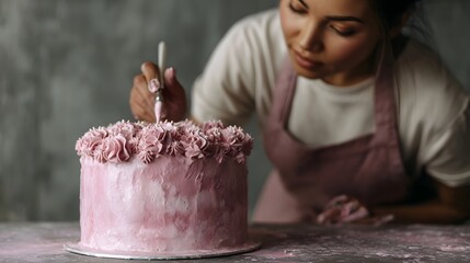 A skilled baker meticulously decorates a delicate pink frosted cake with intricate icing swirls focusing on detail