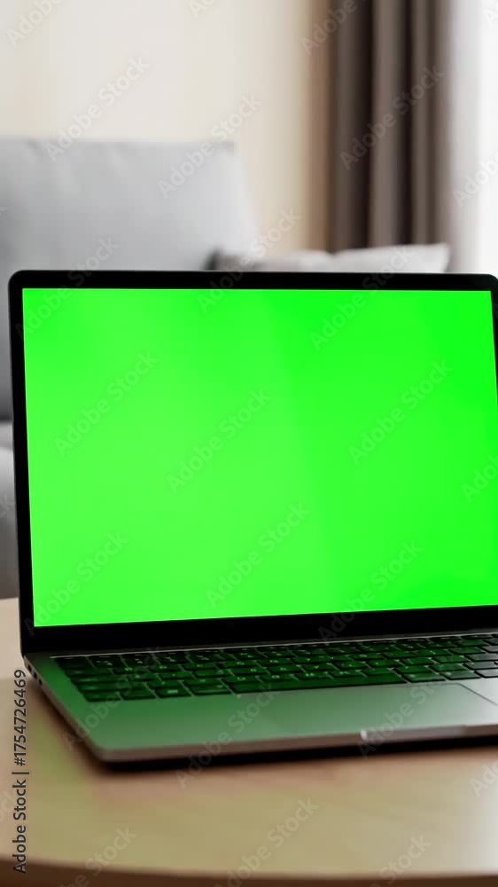 Wall mural laptop green screen focus with young adult analyzing display in living room using mockup template is