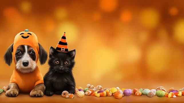 cute cat and dog pets in Halloween costume with orange background - Happy Halloween  