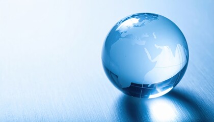 A clear glass globe sits on a metallic surface, reflecting light, symbolizing global connectivity and geography.
