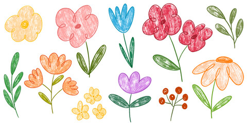 Crayon doodle colourful flowers collection. Pastel kid draw, chalk style childish shape. Childish pencil drawn graphic spring floral. Vector naive pencil illustration on white background.
