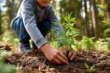 A young boy carefully plants a sapling in fertile soil, promoting environmental sustainability and nurturing growth for a greener future in the forest.