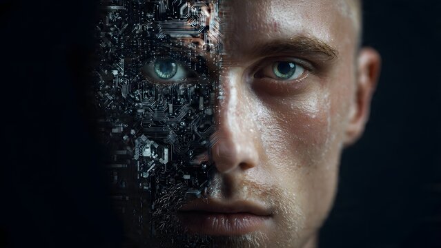 Human face half digital half organic