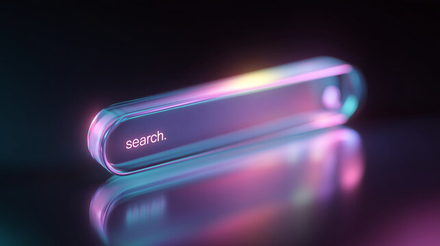 Futuristic 3D glass search bar interface in pastel neon tones &mdash; modern web design concept for technology, UI, UX, or artificial intelligence visuals. Perfect for website headers, digital innovation 