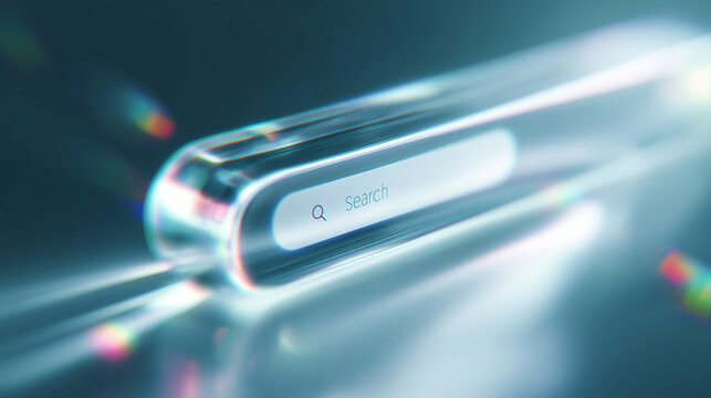 Futuristic 3D glass search bar interface in pastel neon tones &mdash; modern web design concept for technology, UI, UX, or artificial intelligence visuals. Perfect for website headers, digital innovation 