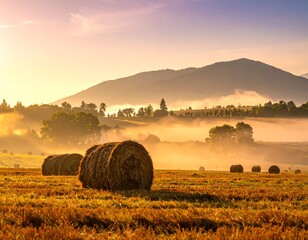 A sunlit scene of rolling hay bales in a harvested field, backed by hazy hills and a misty sunrise glow