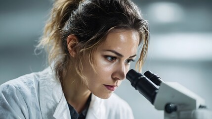 A focused female researcher in a white lab coat examines a sample using a microscope in a modern laboratory