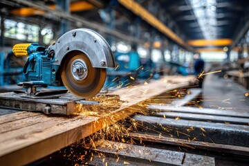 A close-up shot of a metal chop saw cutting through a wooden plank, creating sparks in a workshop, industrial setting, with blurred background of factory floor.