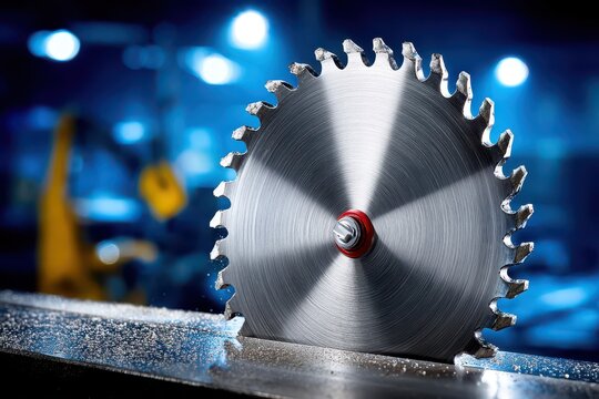 Close-up of a sharp circular saw blade cutting through metal with precision, set against a blurred background of industrial equipment and lighting. - Powered by Adobe